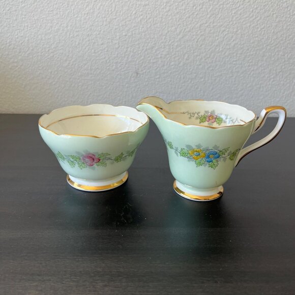 Mint Green Floral Sugar & Creamer Set // Delphine China England // Floral Design - Picture 1 of 7